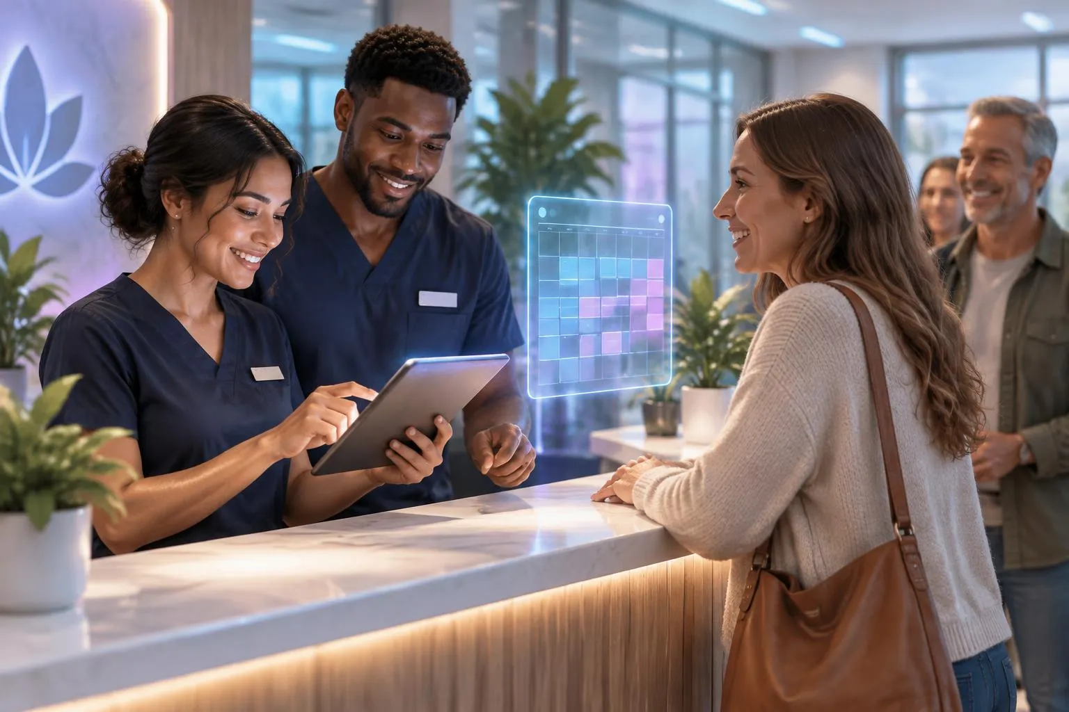 Clinic front desk team with a patient